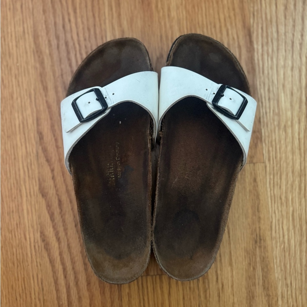Birkenstock Madrid White patent Sandals with Black Buckle